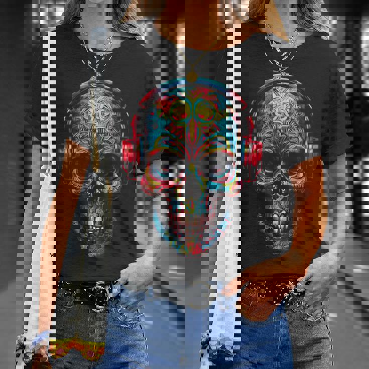 頭蓋骨アート曼荼羅ファンタジーカラフルなヘッドフォンモチーフの頭蓋骨 Tシャツ 彼女への贈り物