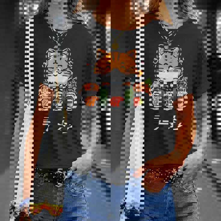 食べ物好きのためのかわいい日本のかわいい猫寿司 Tシャツ 彼女への贈り物