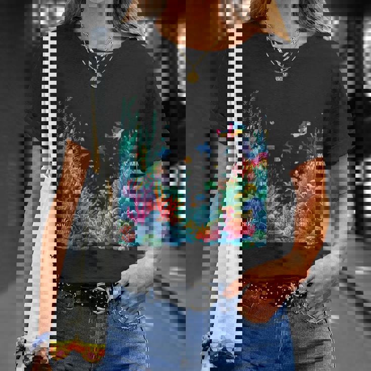 鮮やかなサンゴ礁海洋生物のシーン Tシャツ 彼女への贈り物