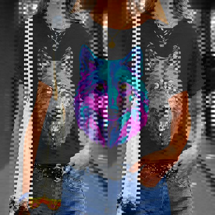 鮮やかなマルチカラーオオカミ Tシャツ 彼女への贈り物