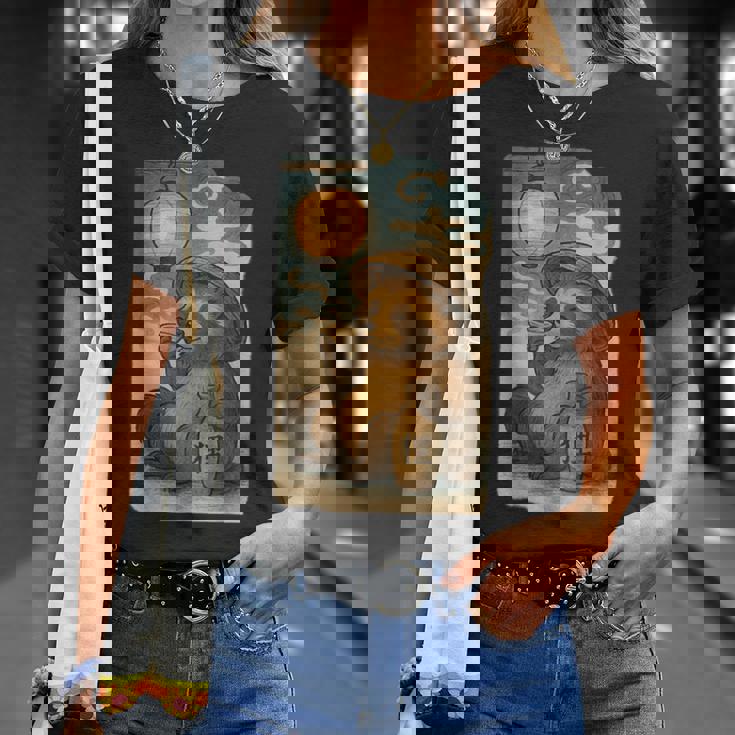 麦わら帽子をかぶったたぬき・酒・提灯・浮世絵風 Tシャツ 彼女への贈り物