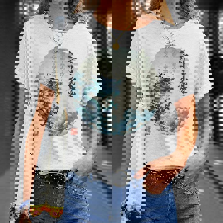 4神 青龍 漢詩 龍 雲 空 舞う バックプリント Tシャツ 彼女への贈り物