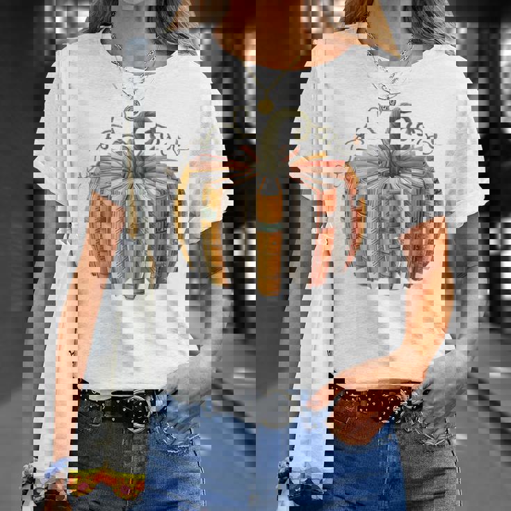 Fall Book Pumpkin Fall Librarians Bookworm Teachers Students T-Shirt Gifts for Her