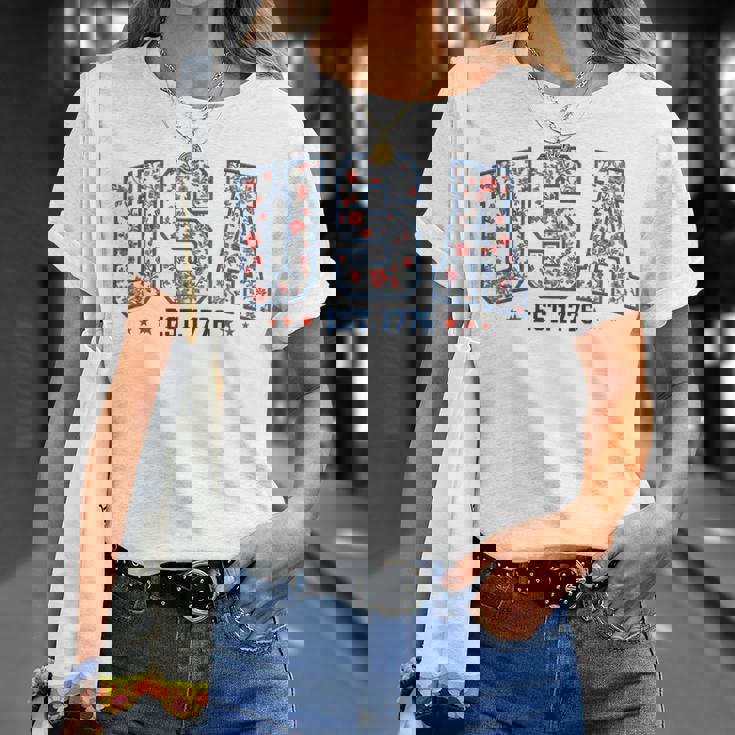 Floral Usa Retro America 4Th Of July Patriotic Girly T-Shirt Gifts for Her