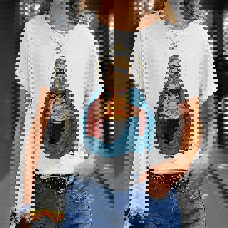 Jesus Holding A Pizza 長袖tシャツ Tシャツ 彼女への贈り物