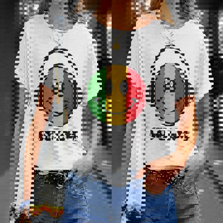 One Love ラスタ レゲエ 音楽 ヘッドホン スマイルフェイス ラスタファリ Tシャツ 彼女への贈り物