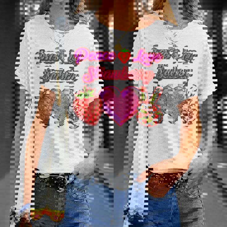 Peace Love イチゴ好き 果物食主義者 果実 果実 果実 Tシャツ 彼女への贈り物