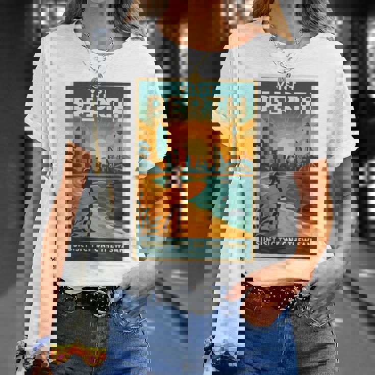 Perth Australia – ビンテージ旅行ポスタースタイル 長袖tシャツ Tシャツ 彼女への贈り物