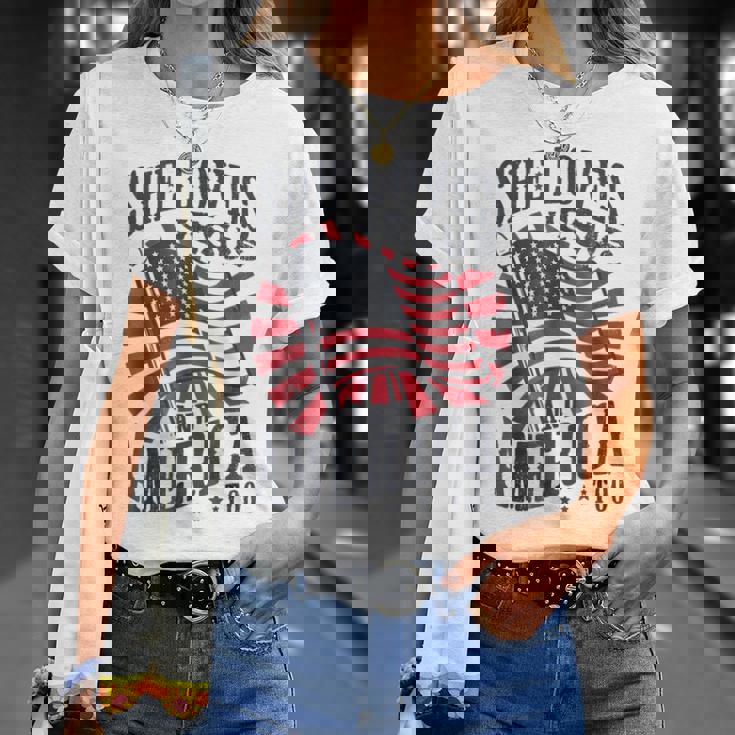 She Loves Jesus And America Too Usa Flag 4Th Of July T-Shirt Gifts for Her