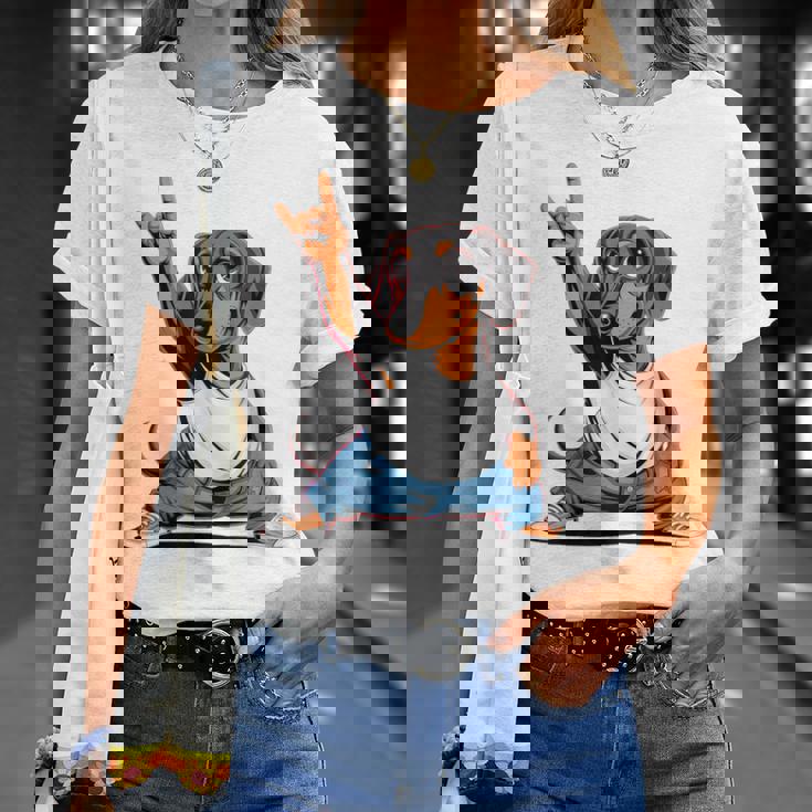 Teckel ロックミュージック 男性 子供 女性 ソーセージ 犬 ダックスフンド Tシャツ 彼女への贈り物