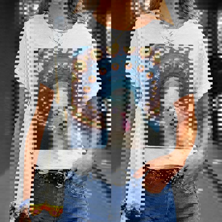 Ufo エイリアンフライングソーサー付き面白い白猫愛好家セルフィー 長袖tシャツ Tシャツ 彼女への贈り物