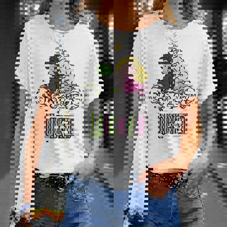 Wicked Elphaba & Glinda Together 遊び心のある漫画スタイル Tシャツ 彼女への贈り物