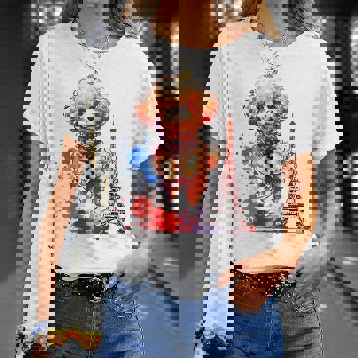 かわいい フランス パリ エッフェル塔 トイプードル パリ ジャンプ 子犬 Tシャツ 彼女への贈り物