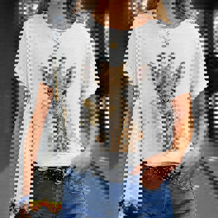 かわいい水彩画 キリン 赤ちゃん 美的 動物 アート 絵画 長袖tシャツ Tシャツ 彼女への贈り物