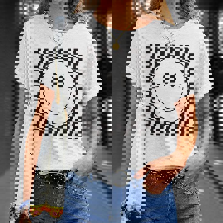 イエロー スマイル フェイスシャツ かわいい チェック柄 スマイル ハッピー Tシャツ 彼女への贈り物