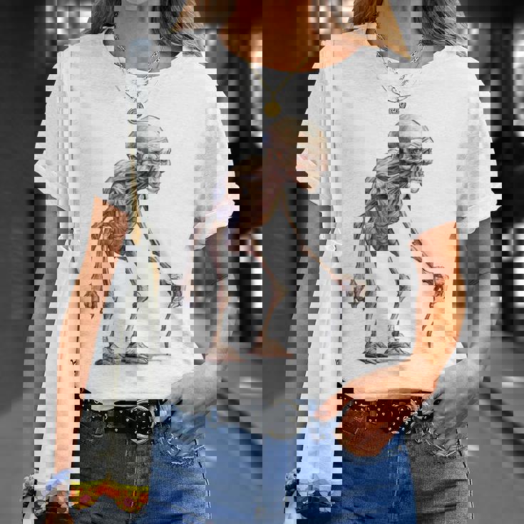 エイリアン スケルトン クリーチャー 松葉杖 スティック Tシャツ 彼女への贈り物