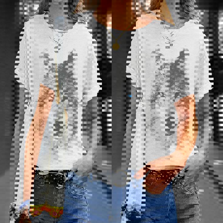 オオカミの顔 青い目 美的スマッジアートスタイル 野生動物 Tシャツ 彼女への贈り物