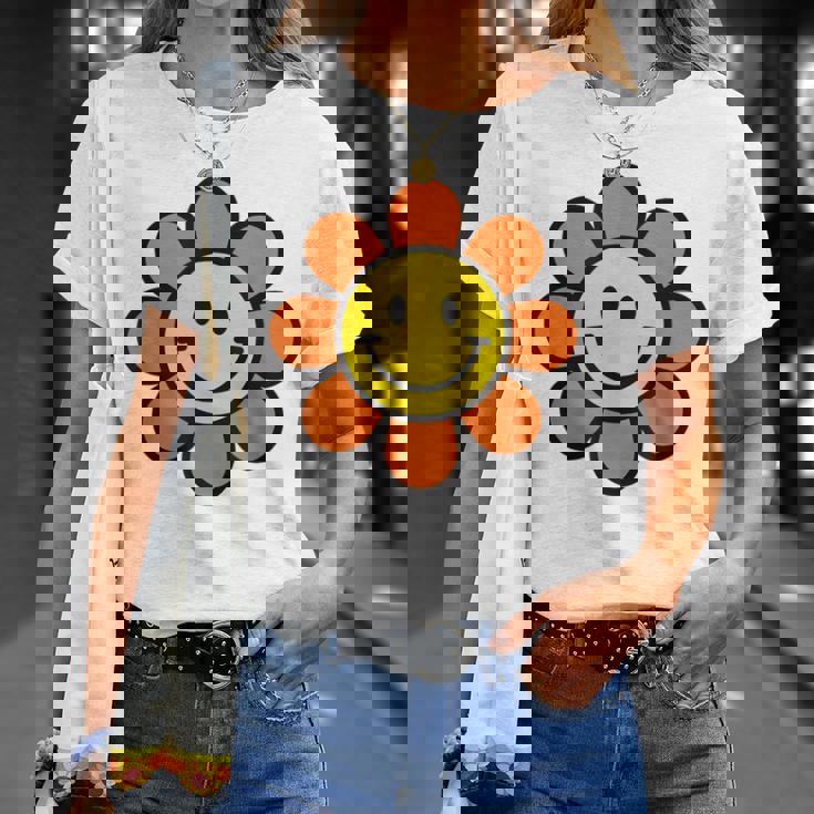 オレンジ イエロー ハッピー スマイル スマイル フェイス デイジー フラワーガール Tシャツ 彼女への贈り物