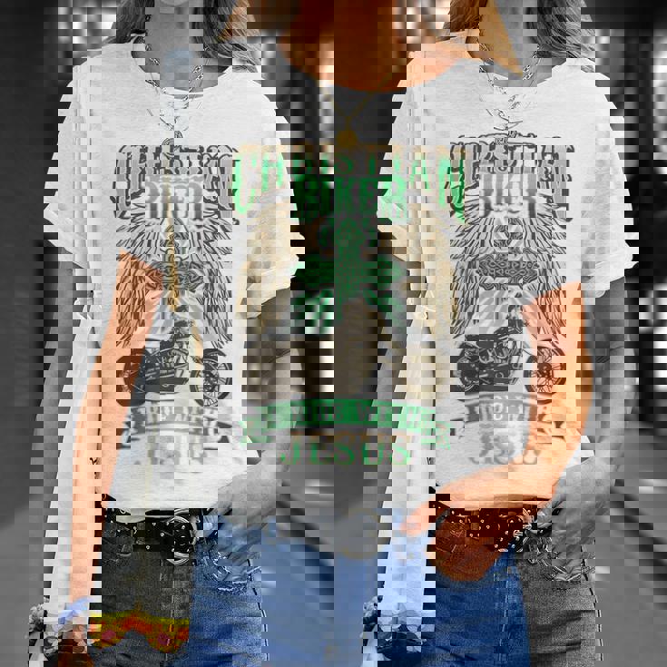 キリスト教バイカーライドウィズジーザスオートバイバックプリントデザイン Tシャツ 彼女への贈り物