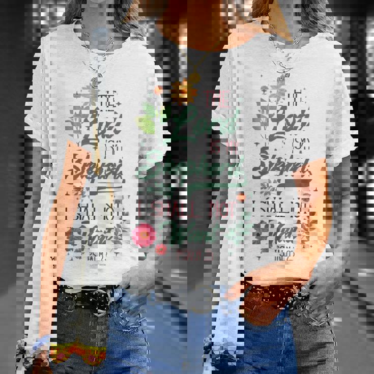 キリスト教聖書の詩 主は私の羊飼い 詩篇 23 花 Tシャツ 彼女への贈り物