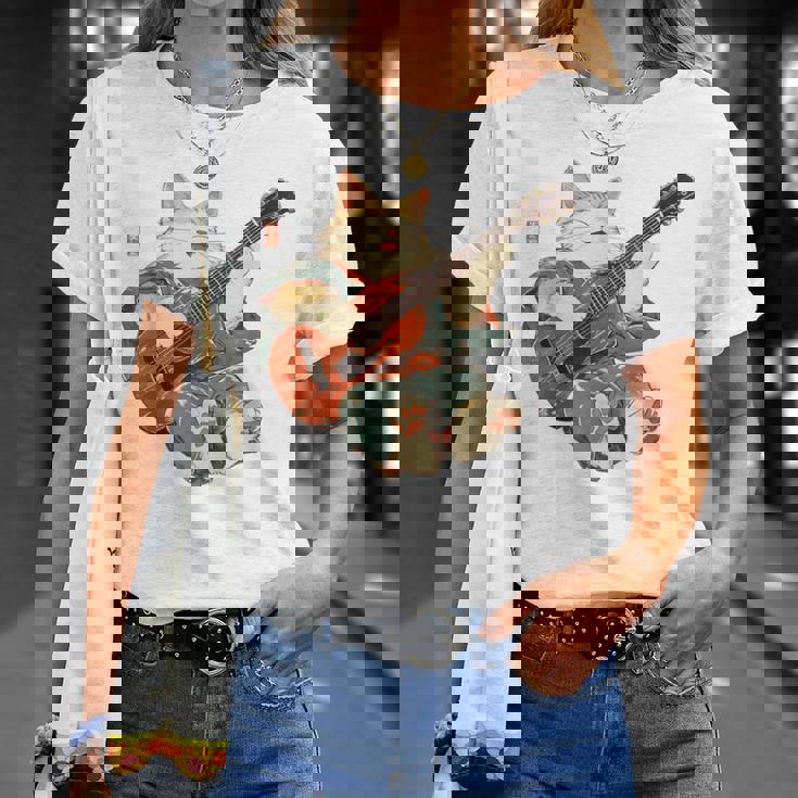 ギターを弾く日本の侍猫 忍者 浮世絵 アニメ Tシャツ 彼女への贈り物