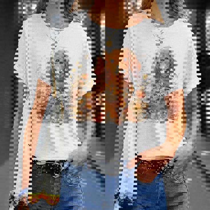 クリーム色の花のダックスフント 愛らしいミニドキシー犬 Tシャツ 彼女への贈り物