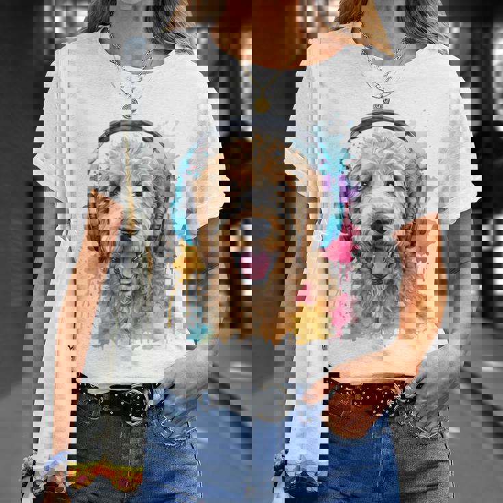 ゴールデンドゥードル、ヘッドフォン、犬、動物プリント Tシャツ 彼女への贈り物