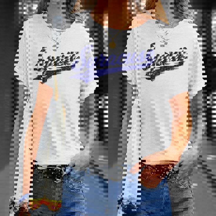 シラキュース ニューヨーク バーシティ スクリプト クラシック スポーツ ジャージスタイル Tシャツ 彼女への贈り物