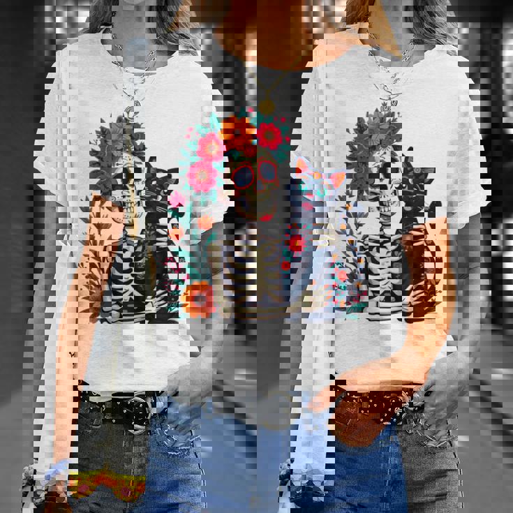 スケルトン ハグ 猫 シュガー スカル Día Los Muertos ハロウィン Tシャツ 彼女への贈り物