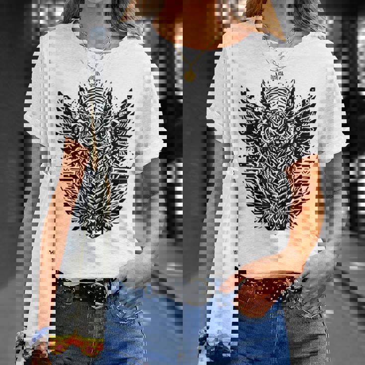 トライバル グレートフクロウ トーテム タトゥー 幾何学模様 Tシャツ 彼女への贈り物
