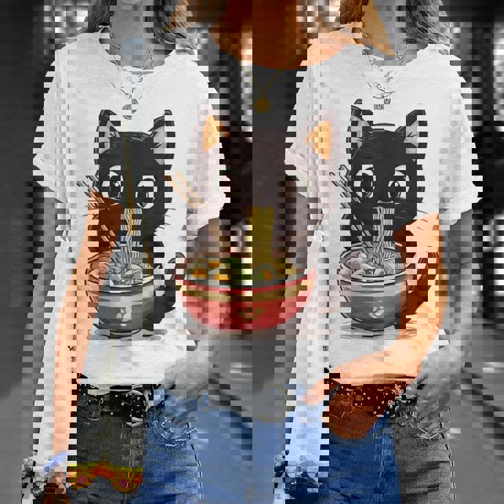 ヌードルキャット黒猫ラーメンデザイン Tシャツ 彼女への贈り物