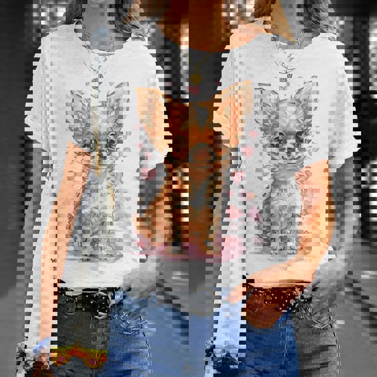 ハートに囲まれた愛らしいチワワ Tシャツ 彼女への贈り物