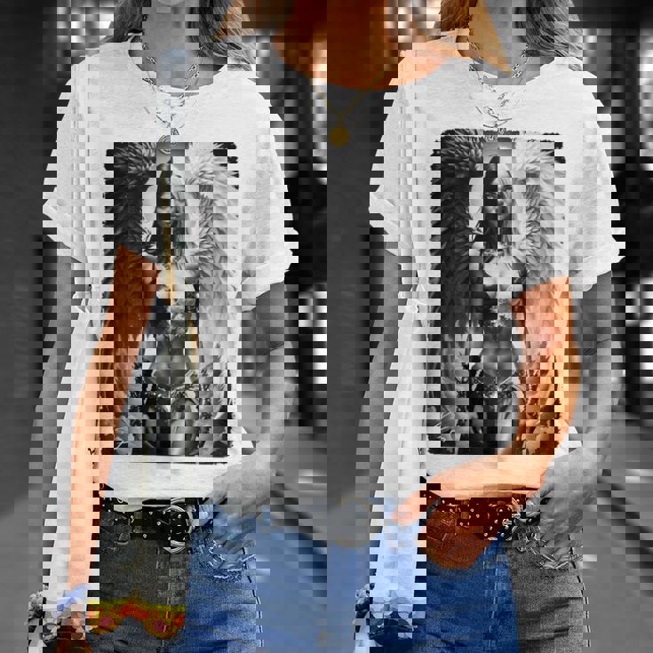 ピンナップガールtシャツ セクシーな天使の悪魔の女の子 B&W バックプリント Tシャツ 彼女への贈り物