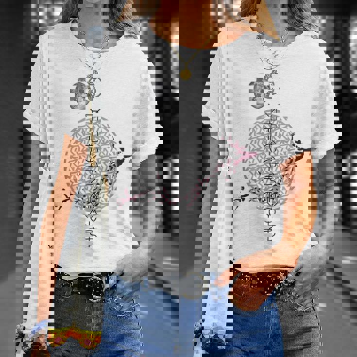 ホツマ文字 ヲシテ文字 フラワーオブライフ とほかみえみため とほかみゑひため 桜 月 アウワ 開運 言霊 宇宙 お守り Tシャツ 彼女への贈り物