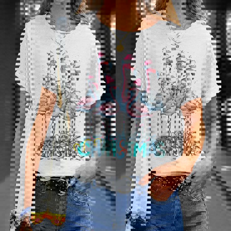 メリークリスマス フラミンゴスクワッド トロピカルスタイル 長袖tシャツ Tシャツ 彼女への贈り物