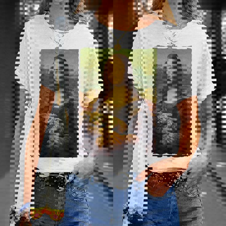 モナ・リザとオレンジ色の猫 面白いアートの絵 Tシャツ 彼女への贈り物