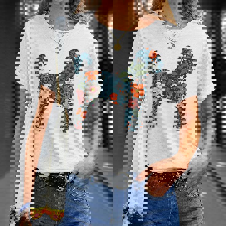 ラブラドゥードルやゴールデンドゥードルのママのためのフローラルドッグシルエット Tシャツ 彼女への贈り物