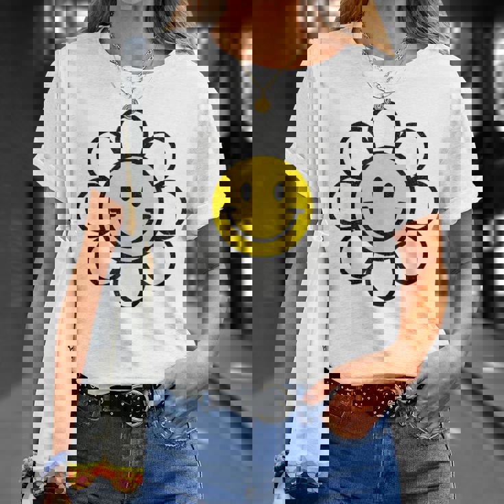 レトロ ヴィンテージ イエロー ハッピー スマイル スマイル フェイス デイジーフラワー Tシャツ 彼女への贈り物
