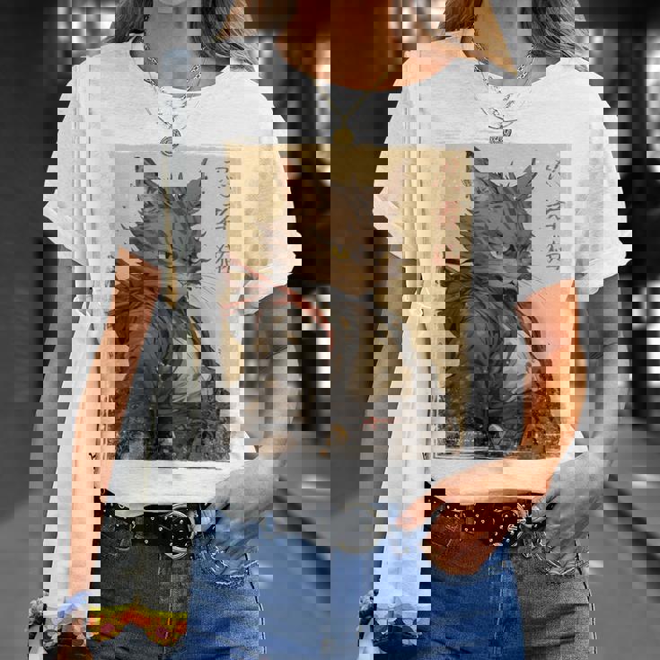 ヴィンテージ 日本の風景 侍 猫 漢字 Art Back Tシャツ 彼女への贈り物