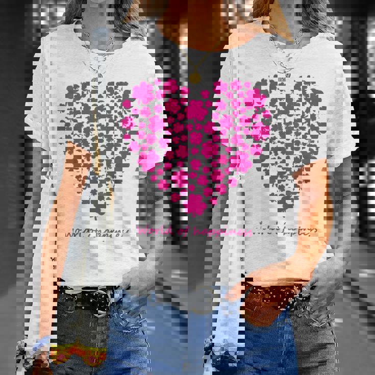 世界中の幸せを願う 可愛い ハート ピンク クローバー 反戦 平和 バックプリント Tシャツ 彼女への贈り物