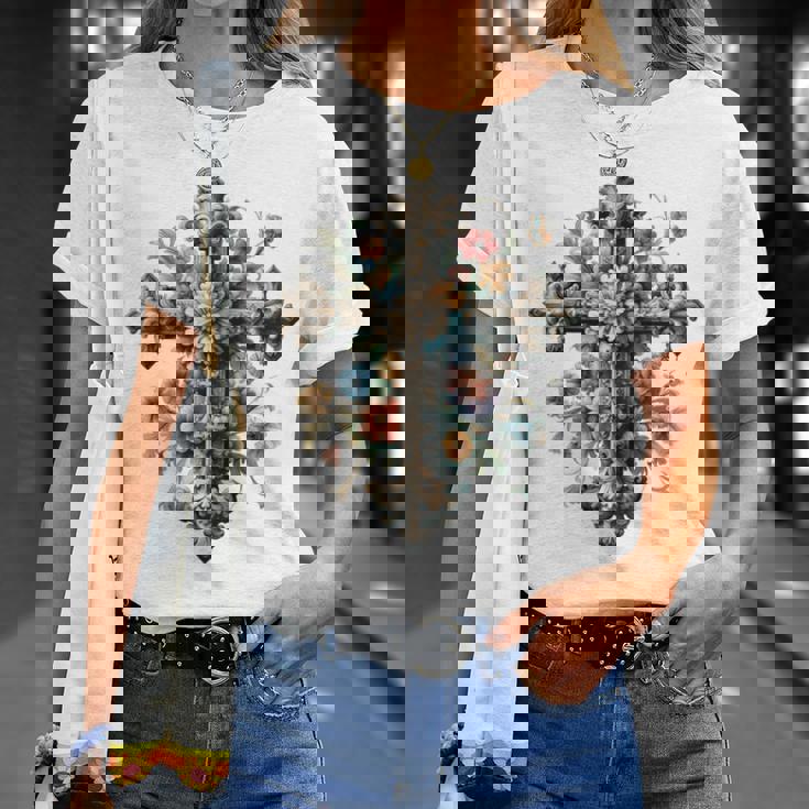 十字架 スピリチュアル キリスト 花 イエス 信仰 十字架 十字架 長袖tシャツ Tシャツ 彼女への贈り物