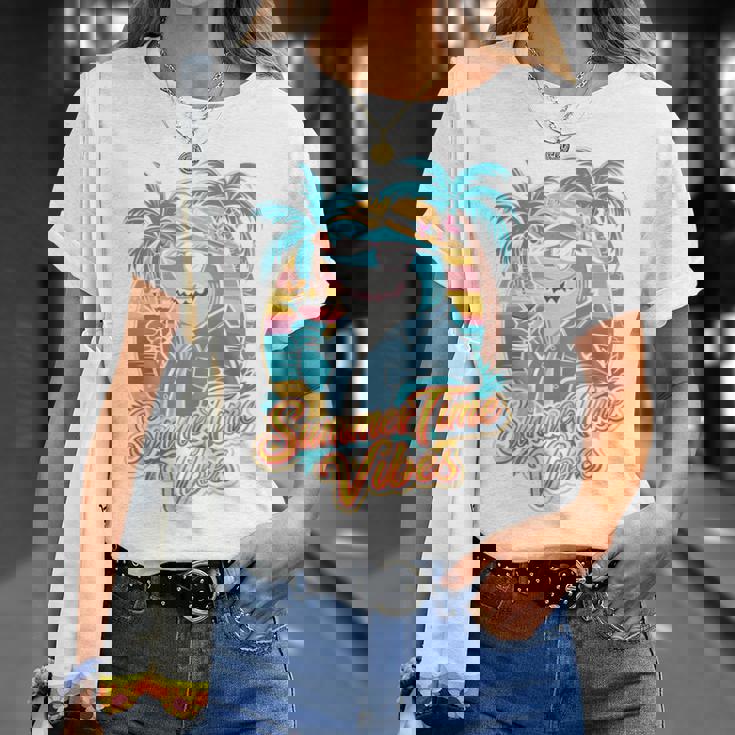 夏休み サメ ビーチ トロピカル サンセット ヤシの木 長袖tシャツ Tシャツ 彼女への贈り物