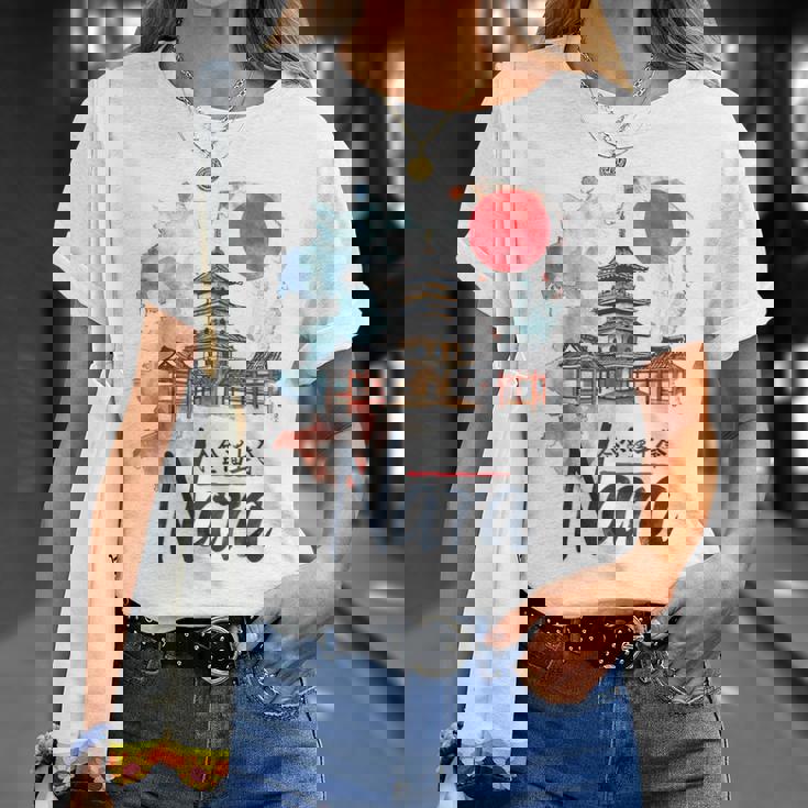 奈良 日本 市街地 旅行 お土産 和 水彩 行楽 Tシャツ 彼女への贈り物