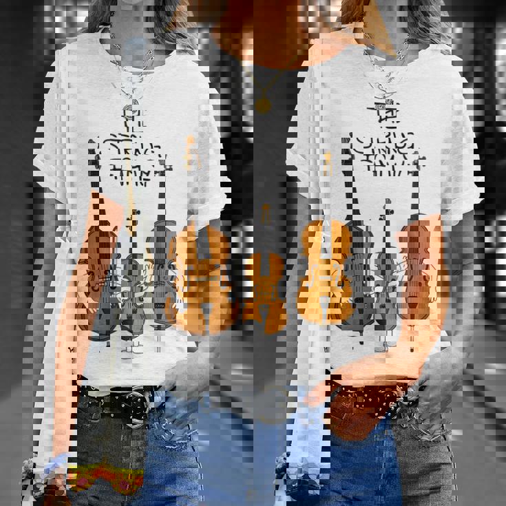 弦楽ファミリー、ヴァイオリン、チェロ、コントラバスミュージシャン面白い Tシャツ 彼女への贈り物