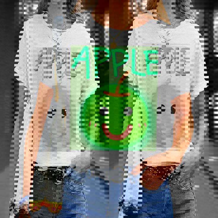 日本 りんご 青りんご かわいい 笑顔 Tシャツ 彼女への贈り物