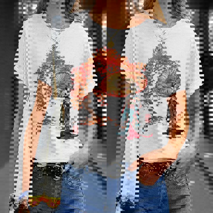 日本 浮世絵 京都 嵯峨 紅葉 和傘 美人 着物 Tシャツ 彼女への贈り物