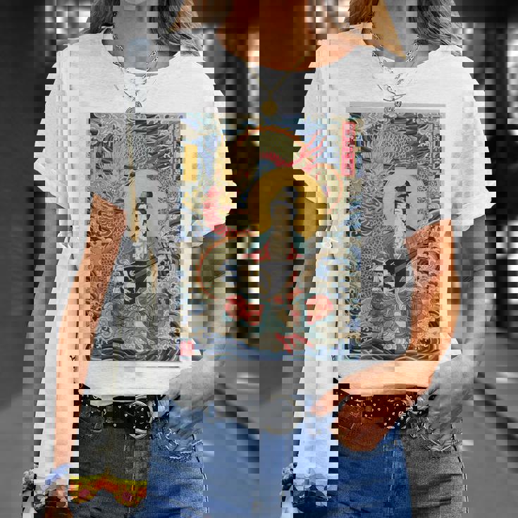 日本 浮世絵 滋賀 琵琶湖 竹生島 弁財天 竜 龍神 バックプリント Tシャツ 彼女への贈り物