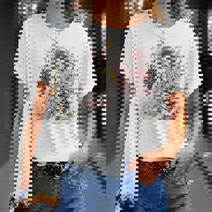 日本 浮世絵 観音菩薩 竜 桜 波 バックプリント Tシャツ 彼女への贈り物