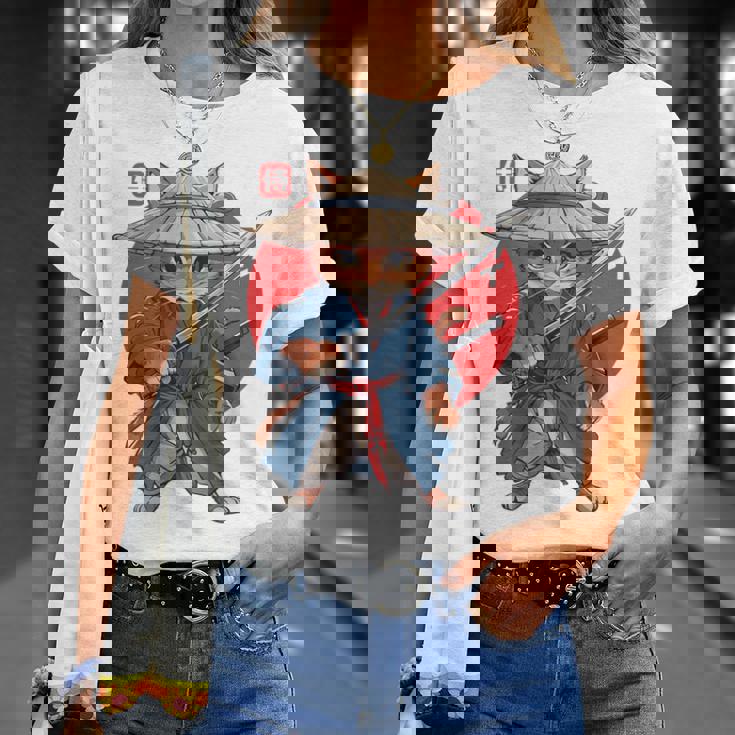 日本の侍 猫戦士 浮世侍 バックプリント Tシャツ 彼女への贈り物