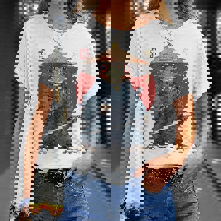 日本の侍カエルの戦士浮世サムライヒキガエルバックプリント。 Tシャツ 彼女への贈り物